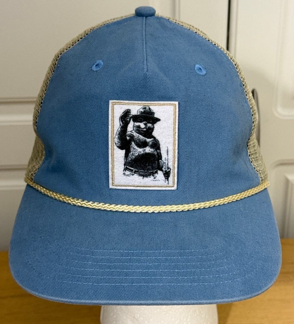 Smokey Bear Trucker Hat By Outdoor Cap Light Blue Tan w/Retro Patch  NWOT
